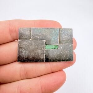 VTG Handmade Sterling Silver Brutalist Modernist Brooch Green Stone Rectangle